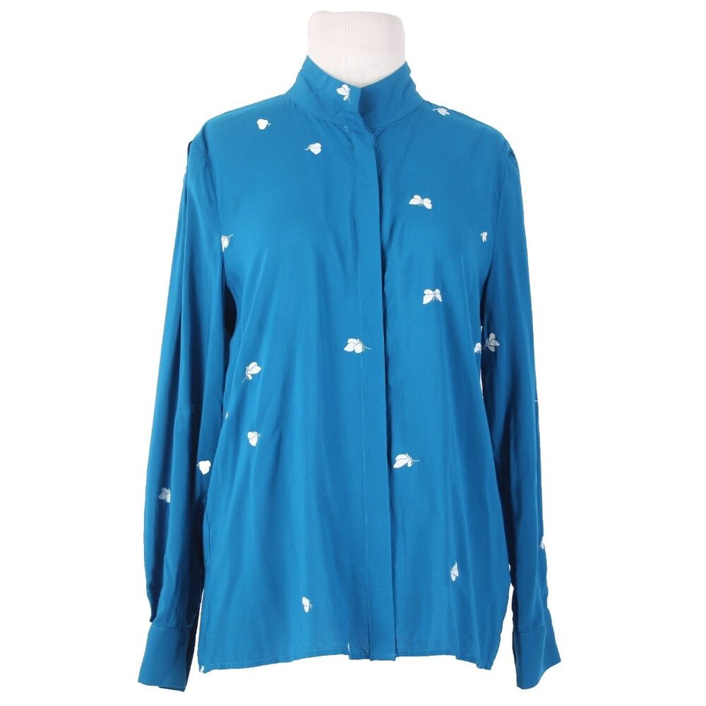 Galeries Lafayette Top Sz 36 Blue White Butterflies Collar 100% Viscose Top